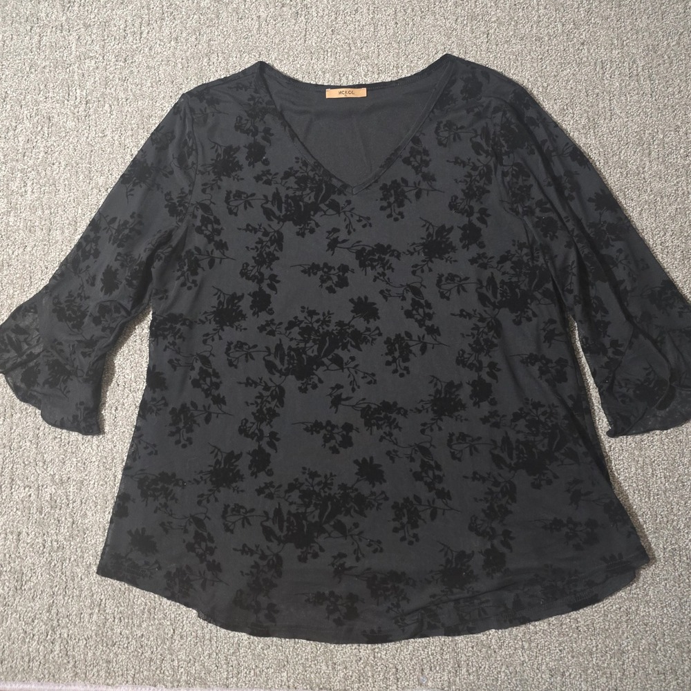 Velvet‎ Burnout Tunic Top Black Flare Sleeve Semi Sheer Womens XL Whimsigoth